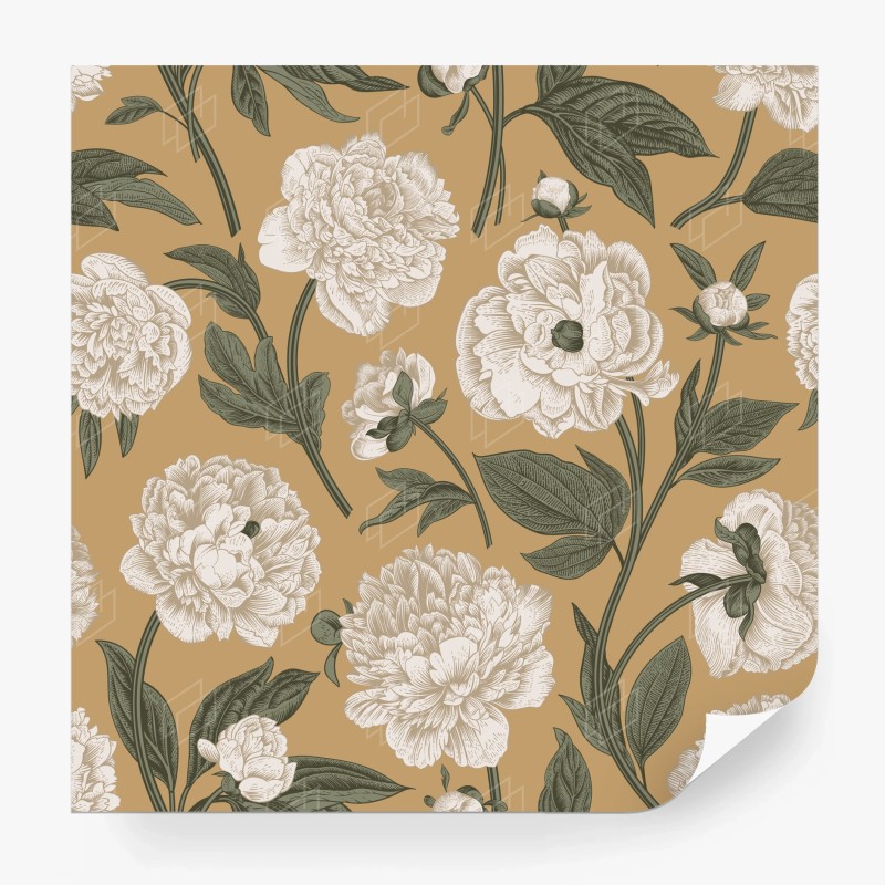 Carta da parati peonie ornamentali su sfondo beige