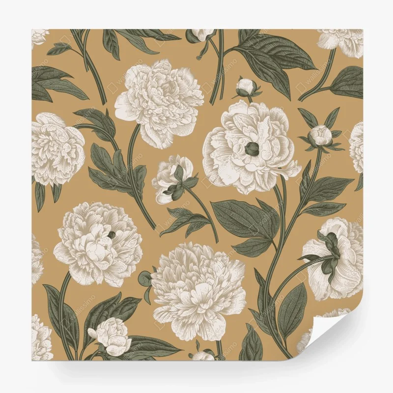 Carta da parati peonie ornamentali su sfondo beige