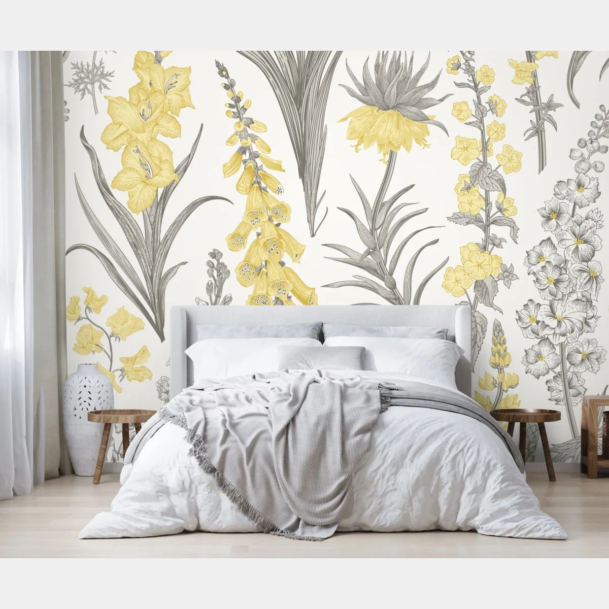 Carta da parati motivo botanico elegante in giallo e grigio • Wallissimo® Carta da parati motivo botanico elegante in giallo e grigio • Wallissimo®