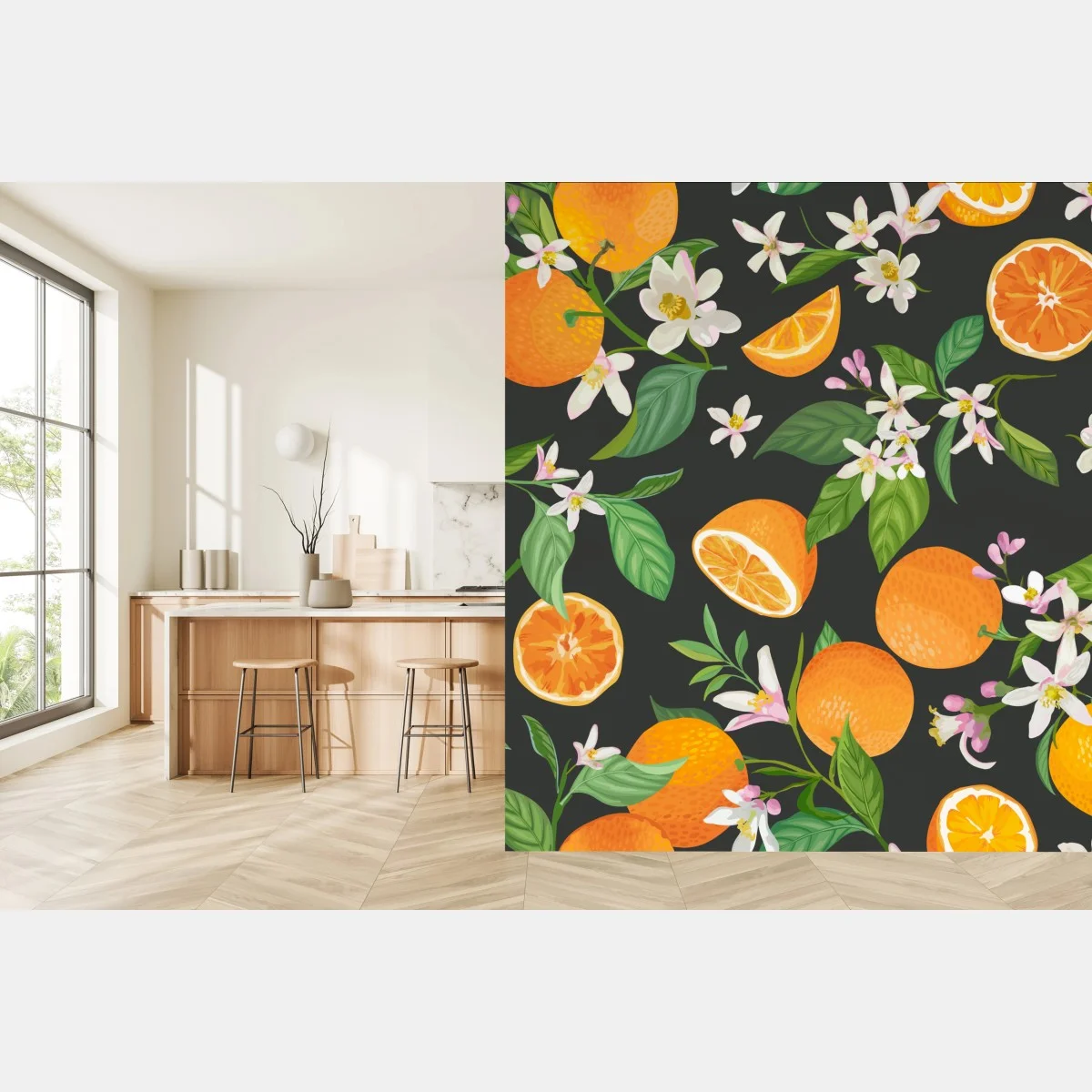 Carta da parati motivo di arance e fiori d'arancio su sfondo scuro • Wallissimo® Carta da parati motivo di arance e fiori d'arancio su sfondo scuro • Wallissimo®