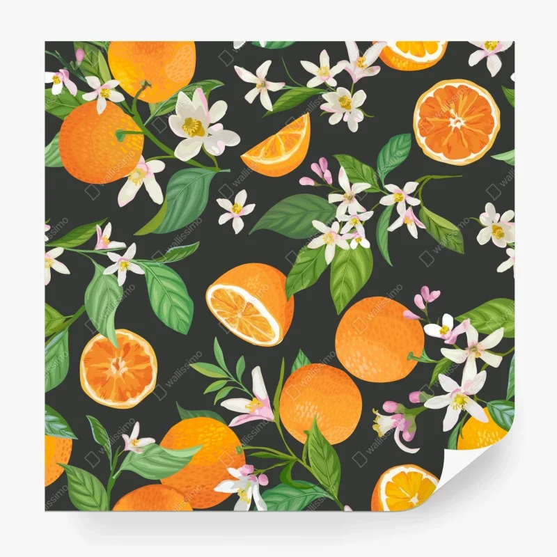 Carta da parati motivo di arance e fiori d'arancio su sfondo scuro