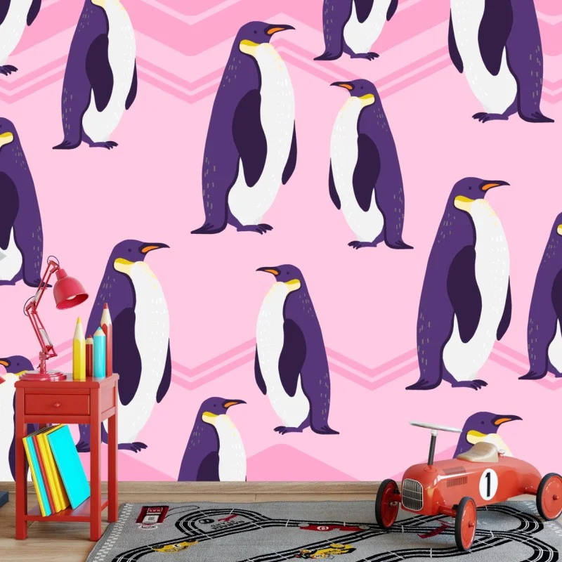 Carta da parati pinguini viola su sfondo rosa a zigzag