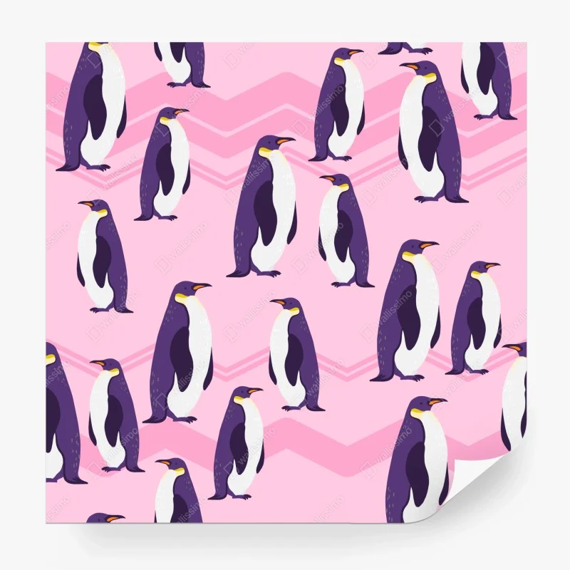 Carta da parati pinguini viola su sfondo rosa a zigzag