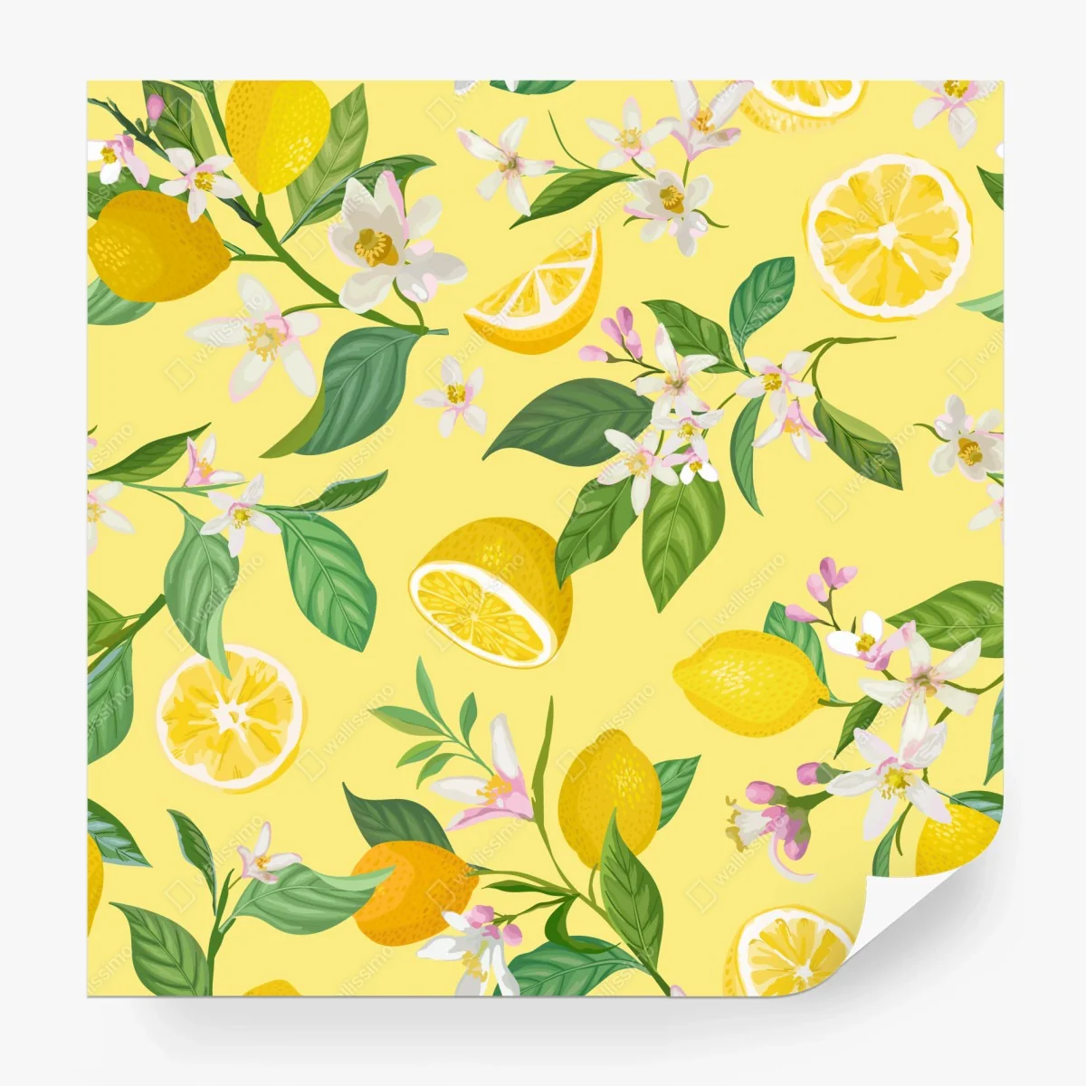 Carta da parati motivo limoni e fiori su sfondo giallo • Wallissimo®