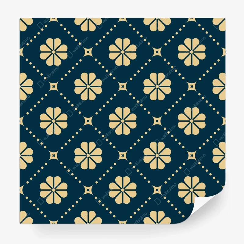 Carta da parati motivo floreale geometrico blu navy e beige