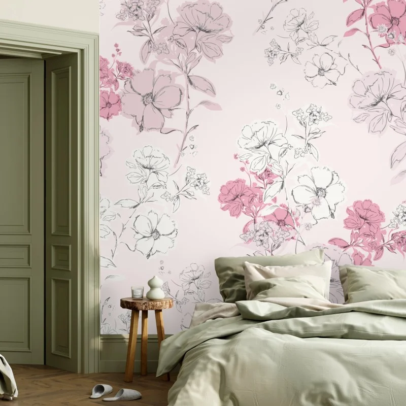 Carta da parati fiori romantici su sfondo rosa