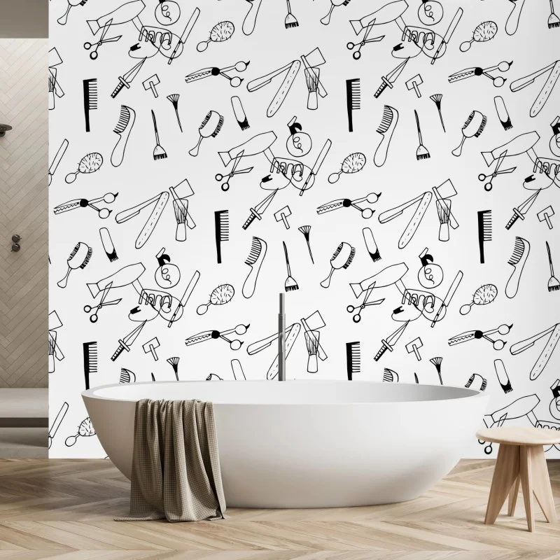 Carta da parati motivo strumenti da parrucchiere in bianco e nero