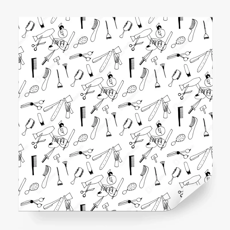 Carta da parati motivo strumenti da parrucchiere in bianco e nero
