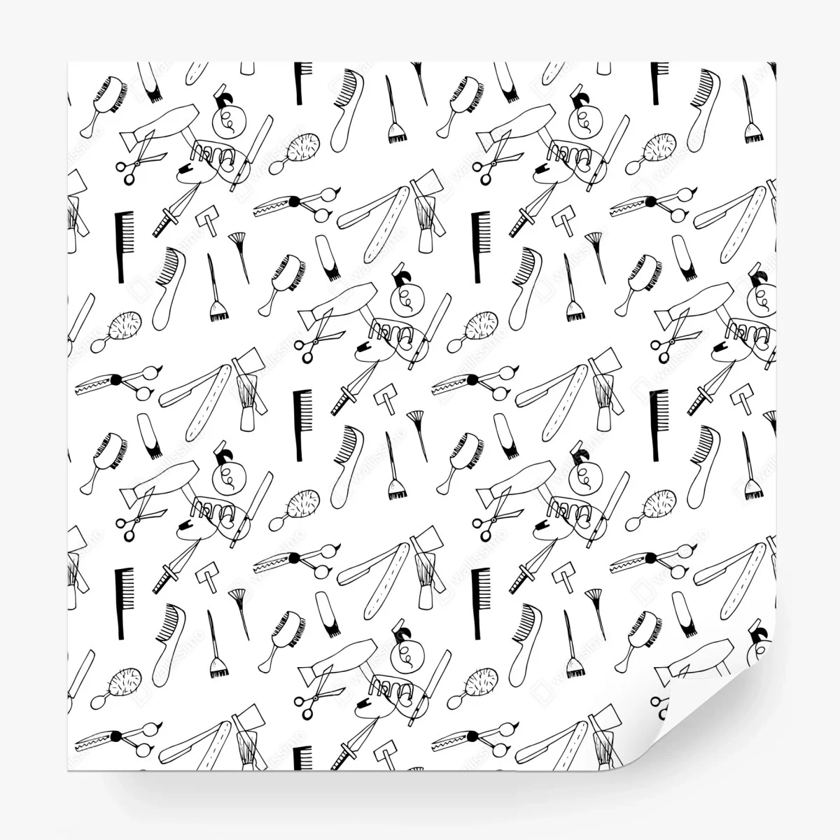 Carta da parati motivo strumenti da parrucchiere in bianco e nero • Wallissimo®