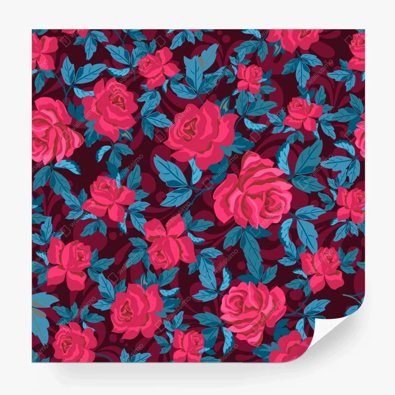 Carta da parati motivo di rose rosa su sfondo bordeaux