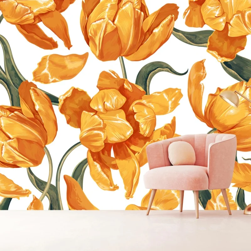 Carta da parati motivo di tulipani arancioni su sfondo bianco