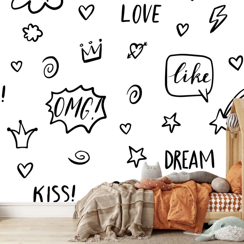 Carta da parati motivo a scarabocchi pop art in bianco e nero