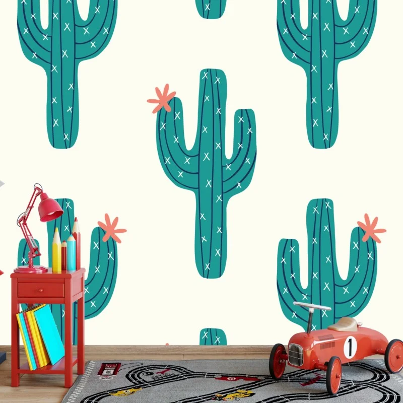 Carta da parati pattern di cactus turchese con fiore rosa