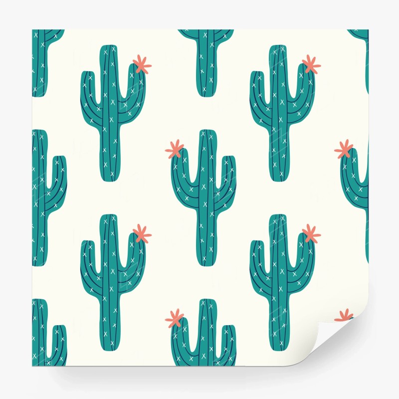 Carta da parati pattern di cactus turchese con fiore rosa