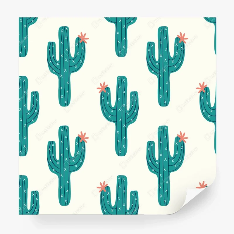 Carta da parati pattern di cactus turchese con fiore rosa
