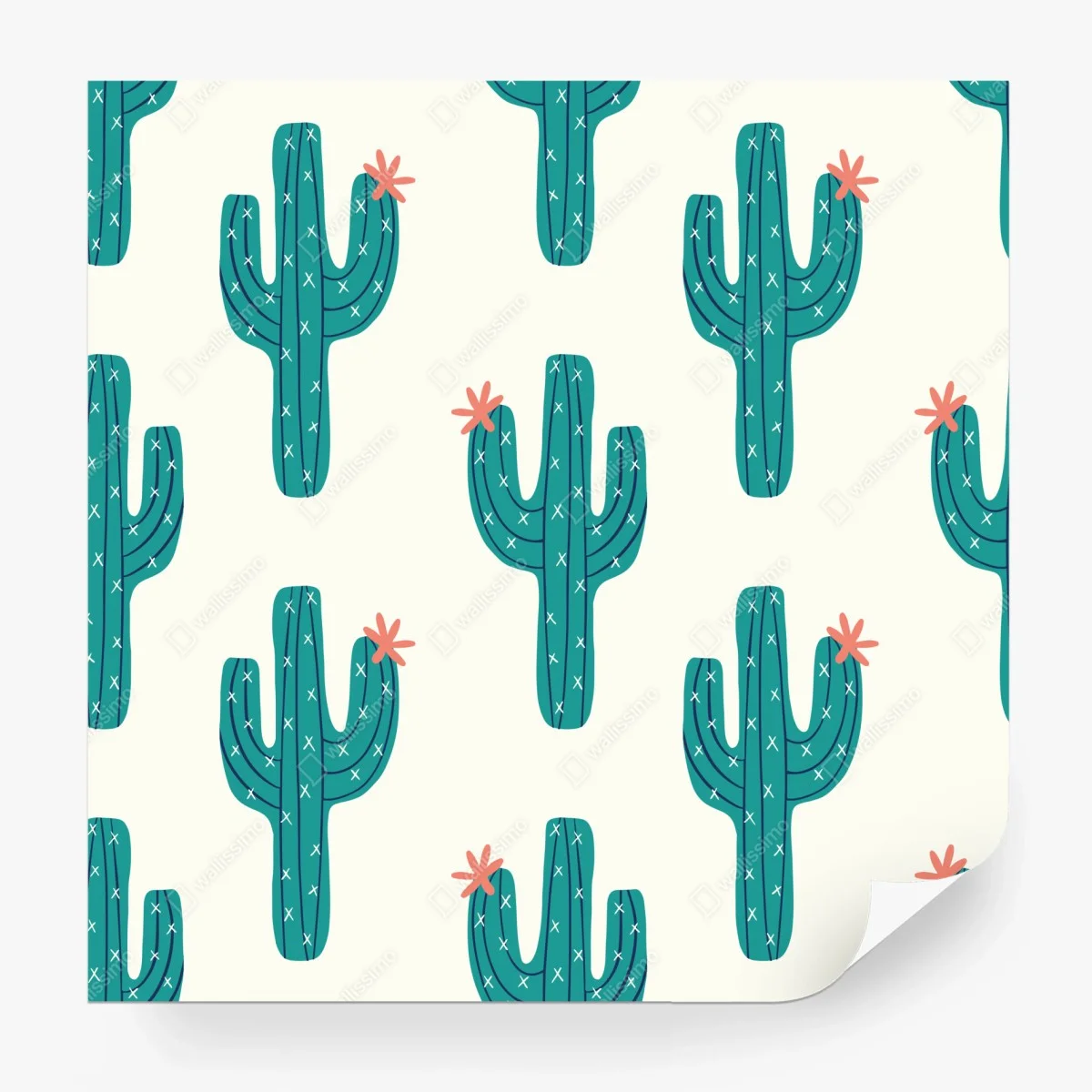 Carta da parati pattern di cactus turchese con fiore rosa • Wallissimo®