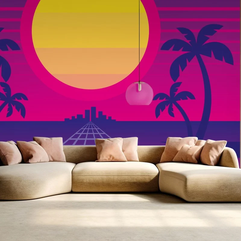 Carta da parati tramonto synthwave al neon
