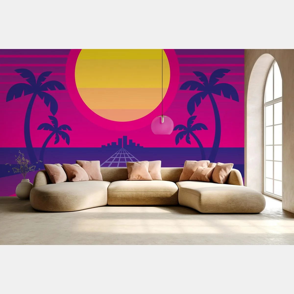 Carta da parati tramonto synthwave al neon • Wallissimo® Carta da parati tramonto synthwave al neon • Wallissimo®