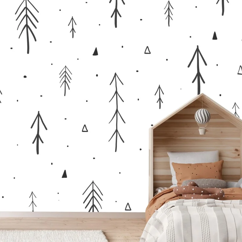 Carta da parati motivo bosco stilizzato in bianco e nero