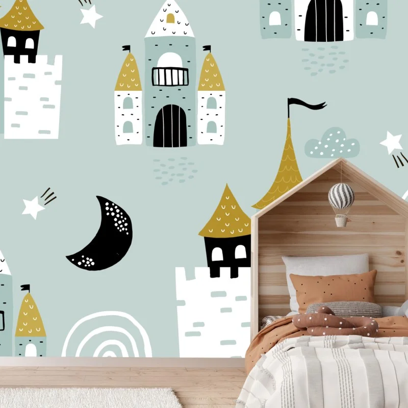 Carta da parati castelli delle fiabe su sfondo pastello