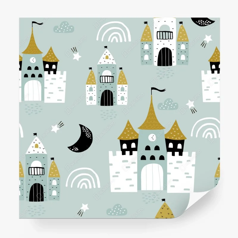 Carta da parati castelli delle fiabe su sfondo pastello