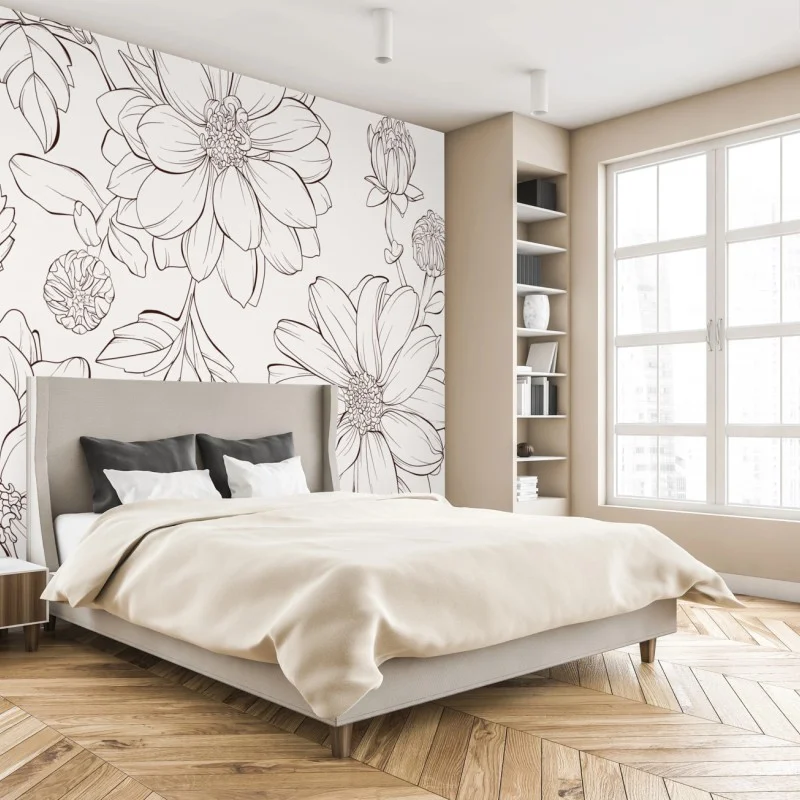 Carta da parati motivo floreale a linee sottili su sfondo chiaro