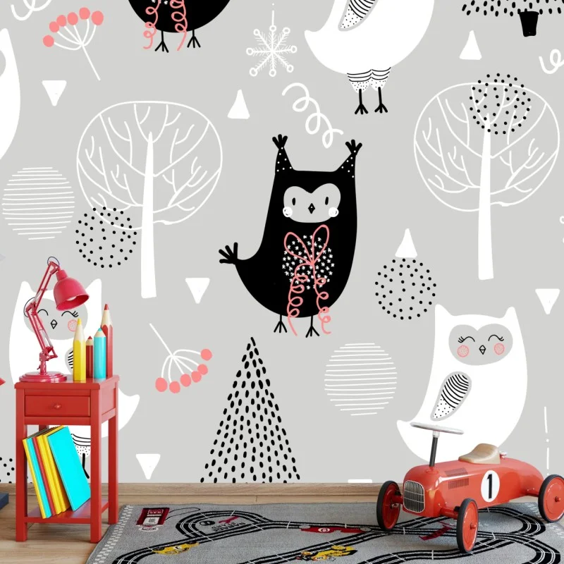 Carta da parati gufetti invernali su sfondo grigio