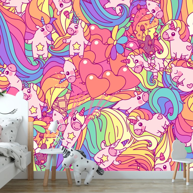 Carta da parati pattern di unicorni e arcobaleni kawaii