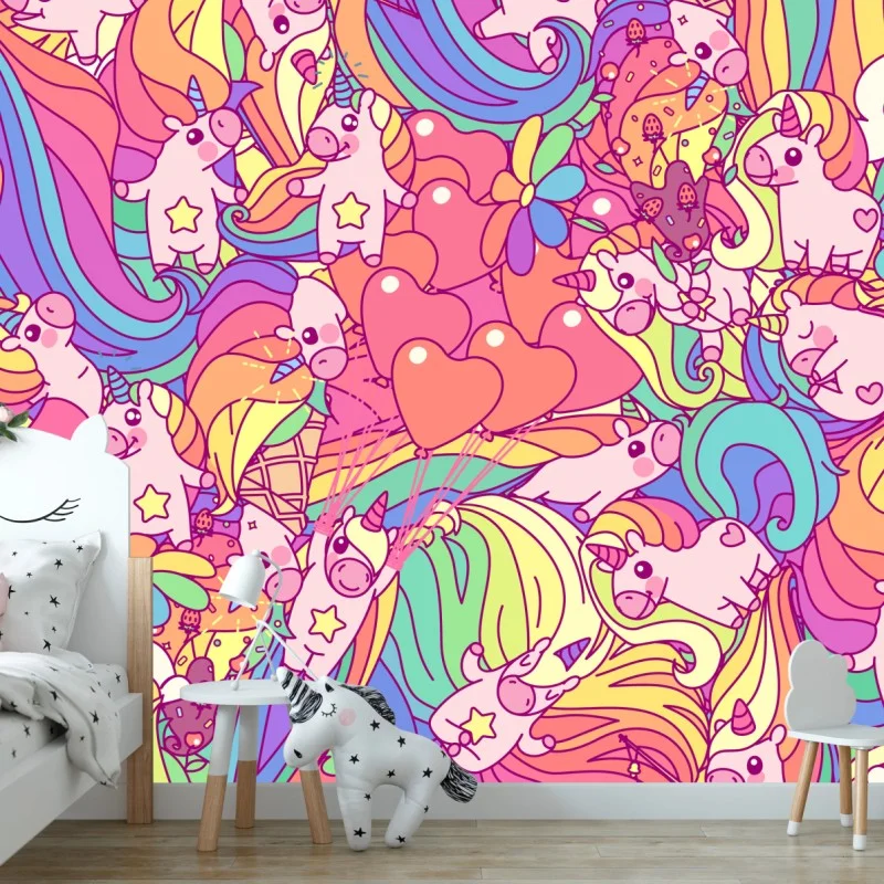 Carta da parati pattern di unicorni e arcobaleni kawaii