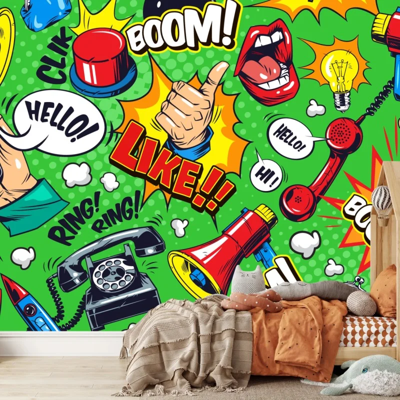 Carta da parati esplosione pop art di icone di comunicazione colorata