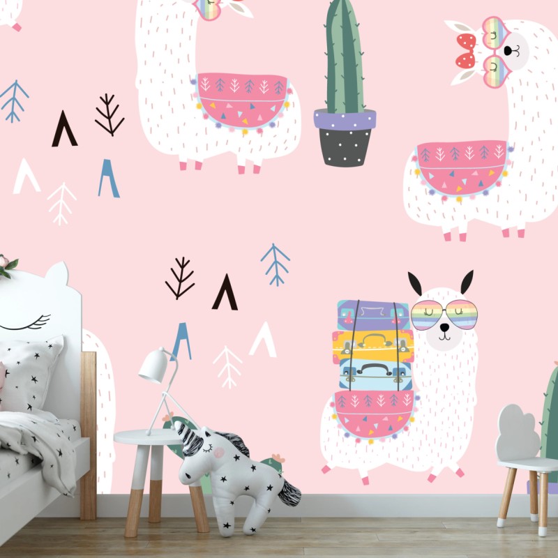 Carta da parati fantasia alpaca e cactus su sfondo rosa