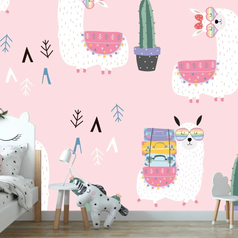 Carta da parati fantasia alpaca e cactus su sfondo rosa