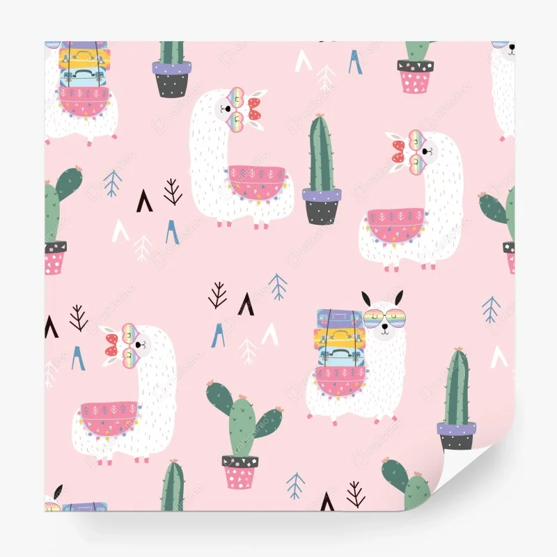 Carta da parati fantasia alpaca e cactus su sfondo rosa