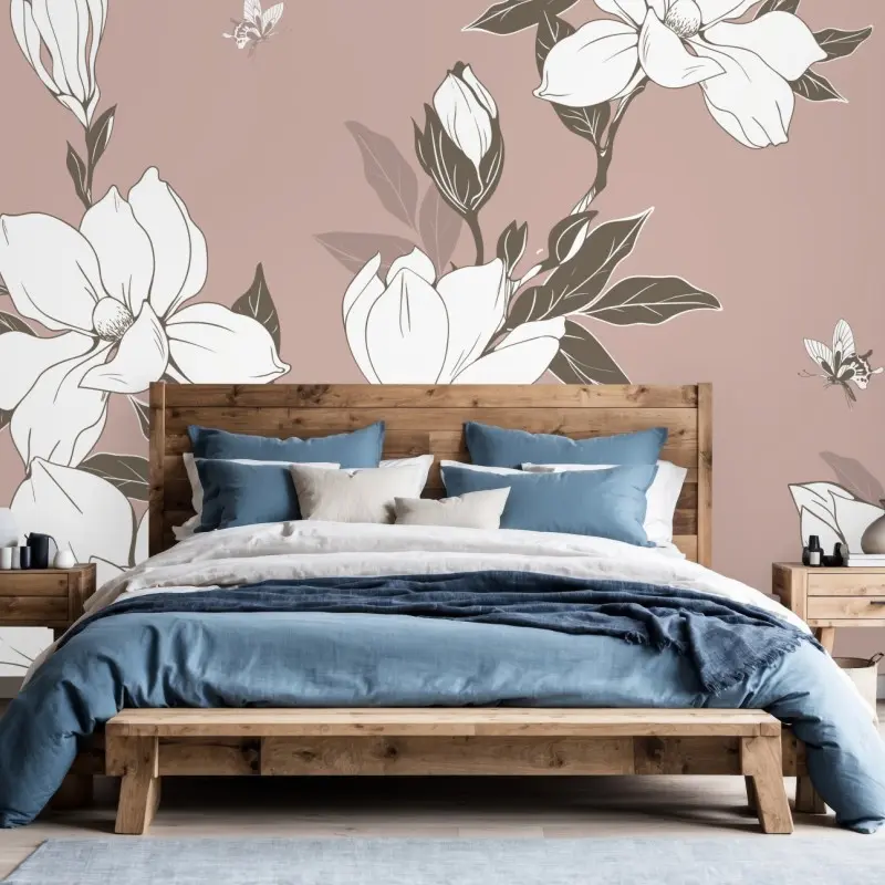 Carta da parati motivo di magnolie bianche su sfondo rosa antico