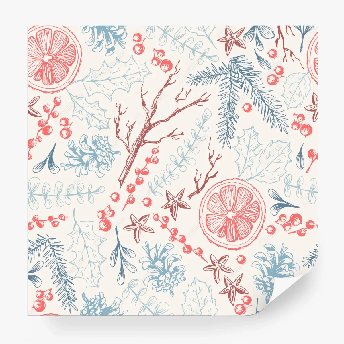 Carta da parati motivo botanico invernale con agrumi e pigne • Wallissimo®