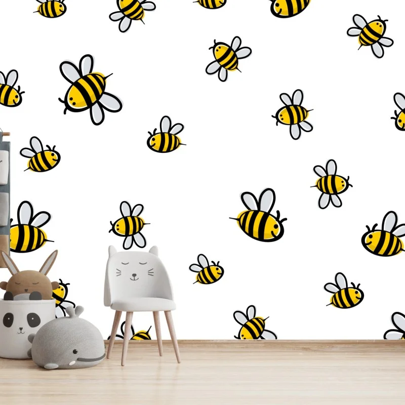 Carta da parati motivo api gioiose su sfondo bianco