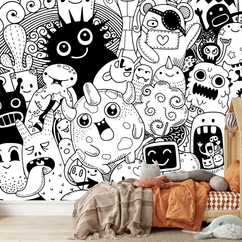 Carta da parati festa di mostriciattoli in bianco e nero