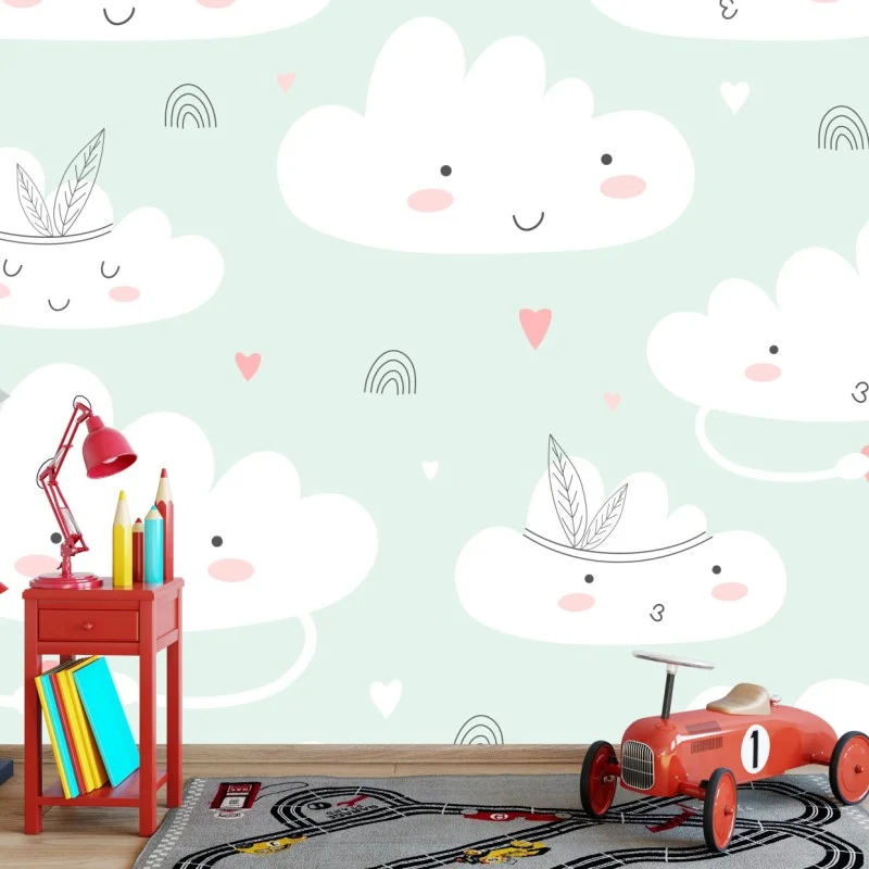 Carta da parati motivo nuvole sorridenti per cameretta
