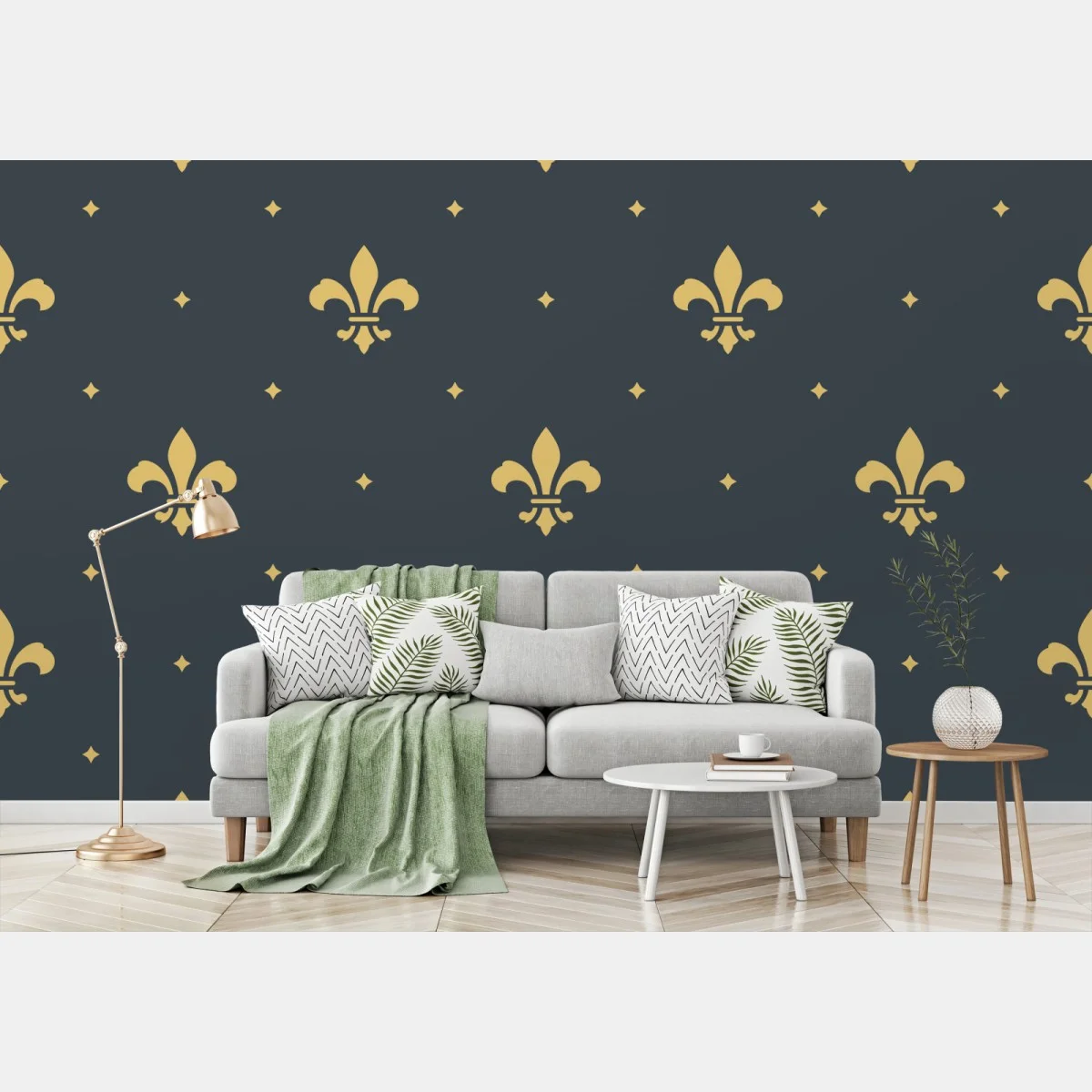 Carta da parati elegante motivo a gigli dorati su fondo blu • Wallissimo® Carta da parati elegante motivo a gigli dorati su fondo blu • Wallissimo®