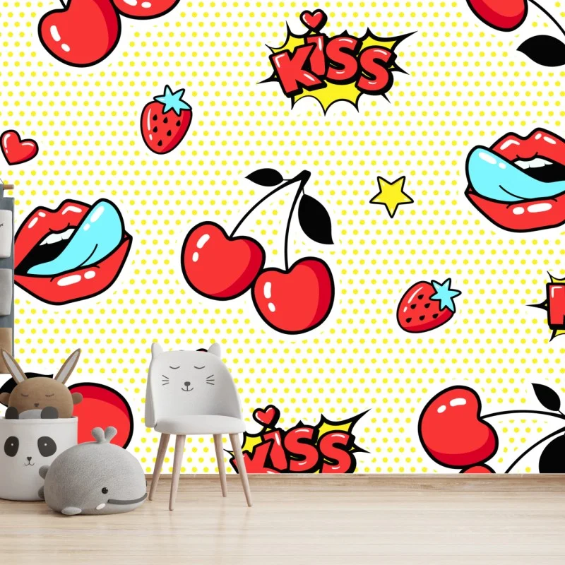 Carta da parati motivo pop art ciliegie e labbra