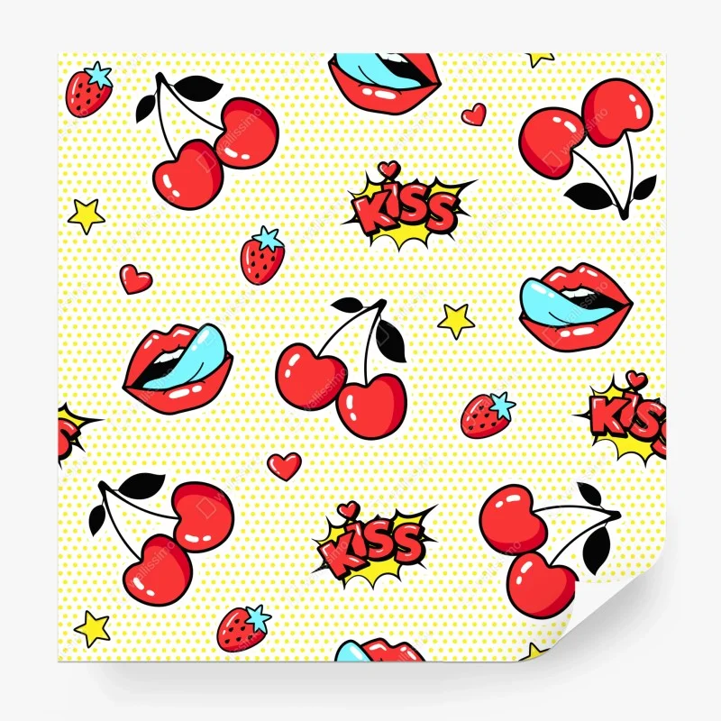 Carta da parati motivo pop art ciliegie e labbra