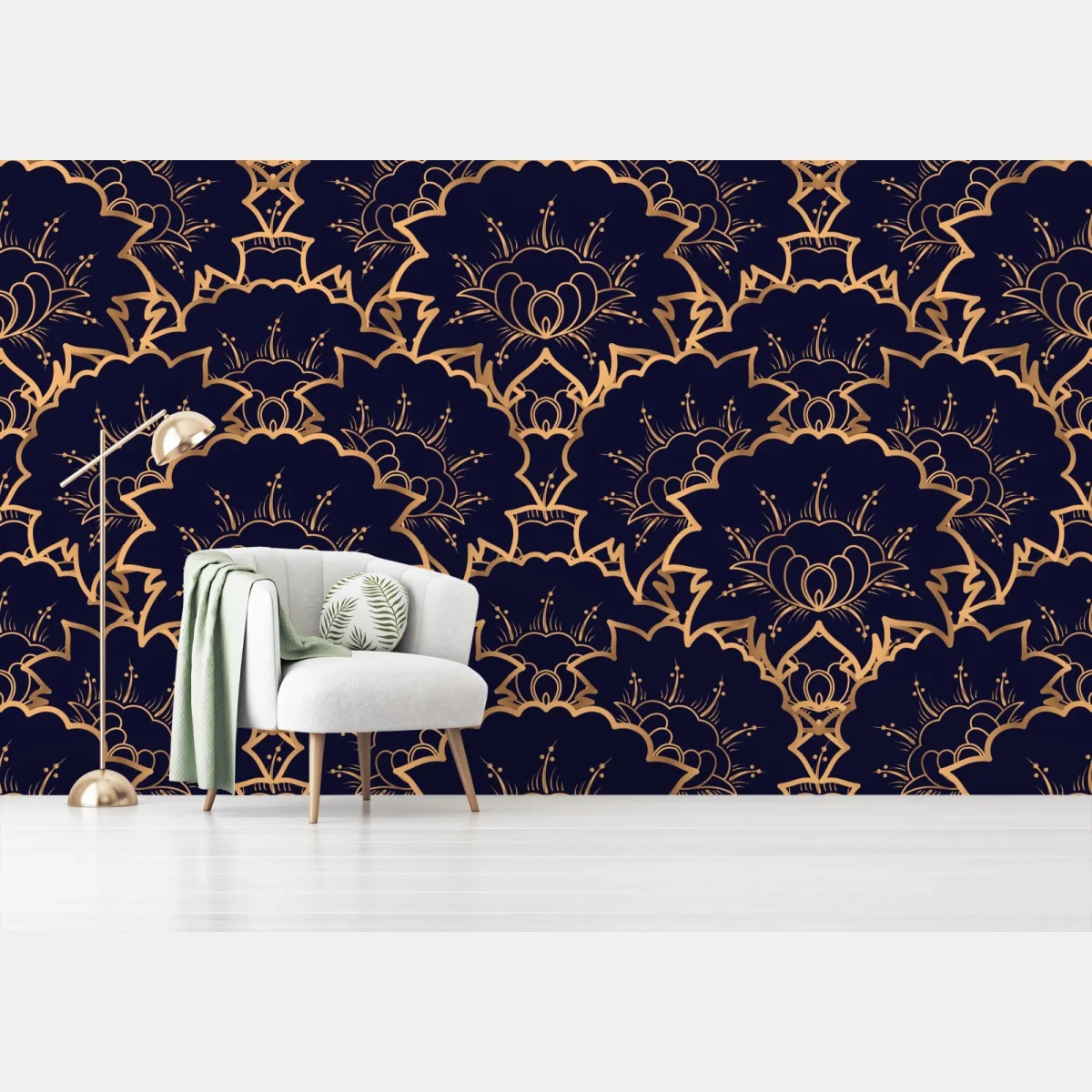 Carta da parati eleganza ornamentale dorata su blu notte • Wallissimo® Carta da parati eleganza ornamentale dorata su blu notte • Wallissimo®