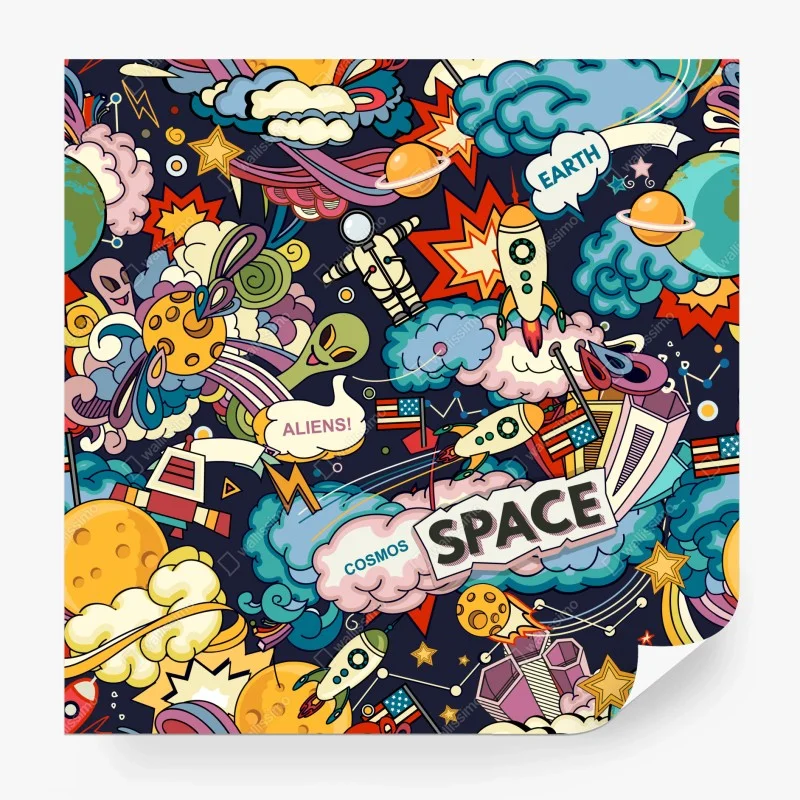 Carta da parati avventura spaziale in stile fumetto colorata