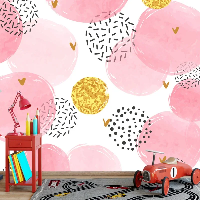 Carta da parati motivo a pallini rosa acquerello e glitter oro