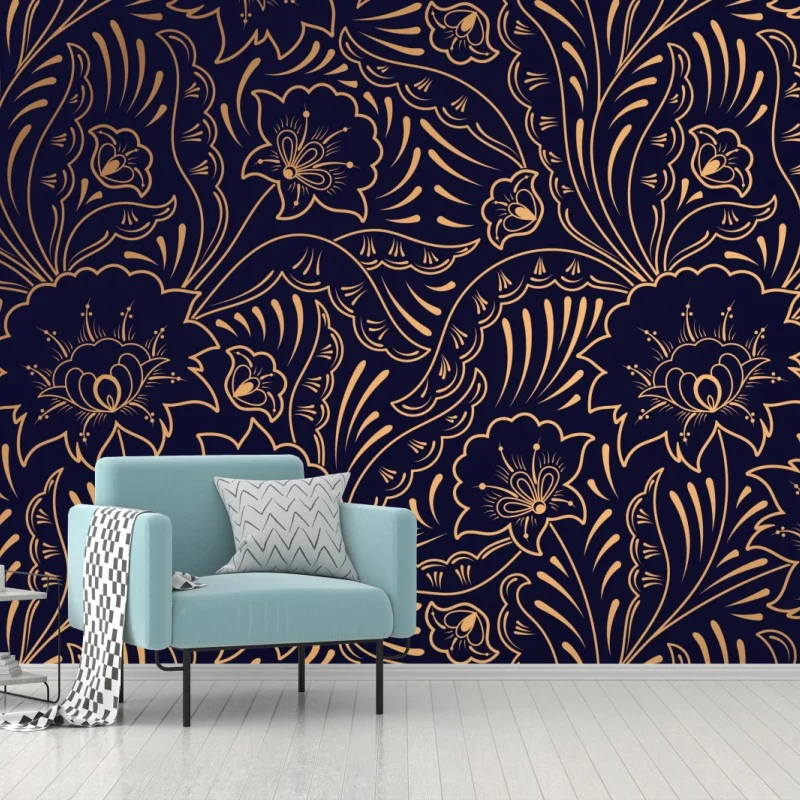 Carta da parati motivo floreale elegante in blu notte e oro