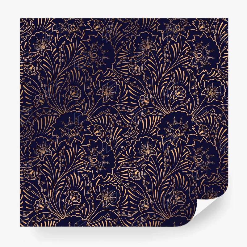 Carta da parati motivo floreale elegante in blu notte e oro