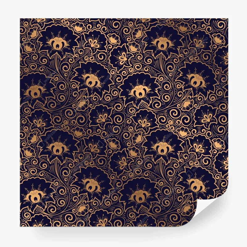 Carta da parati motivo floreale ornamentale dorato su sfondo blu notte