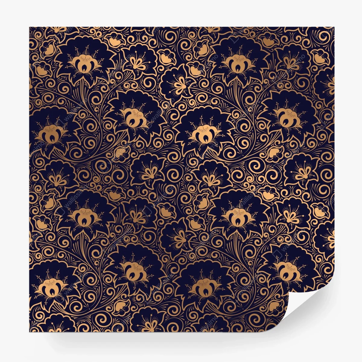 Carta da parati motivo floreale ornamentale dorato su sfondo blu notte • Wallissimo®