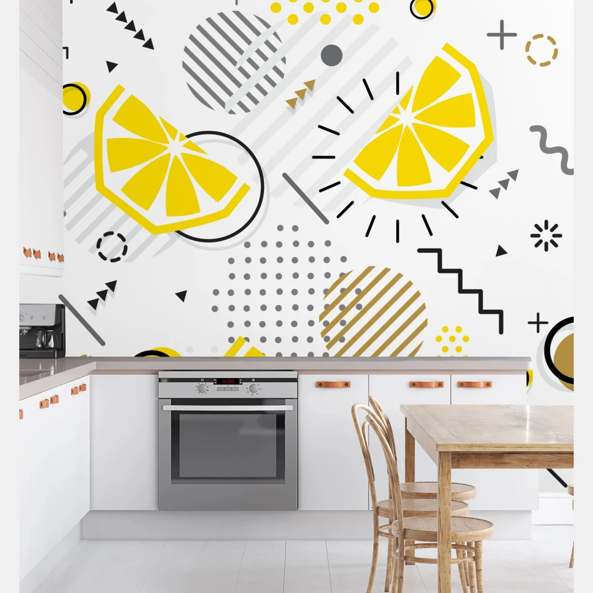 Carta da parati motivo estivo con spicchi di limone e forme geometriche • Wallissimo® Carta da parati motivo estivo con spicchi di limone e forme geometriche • Wallissimo®