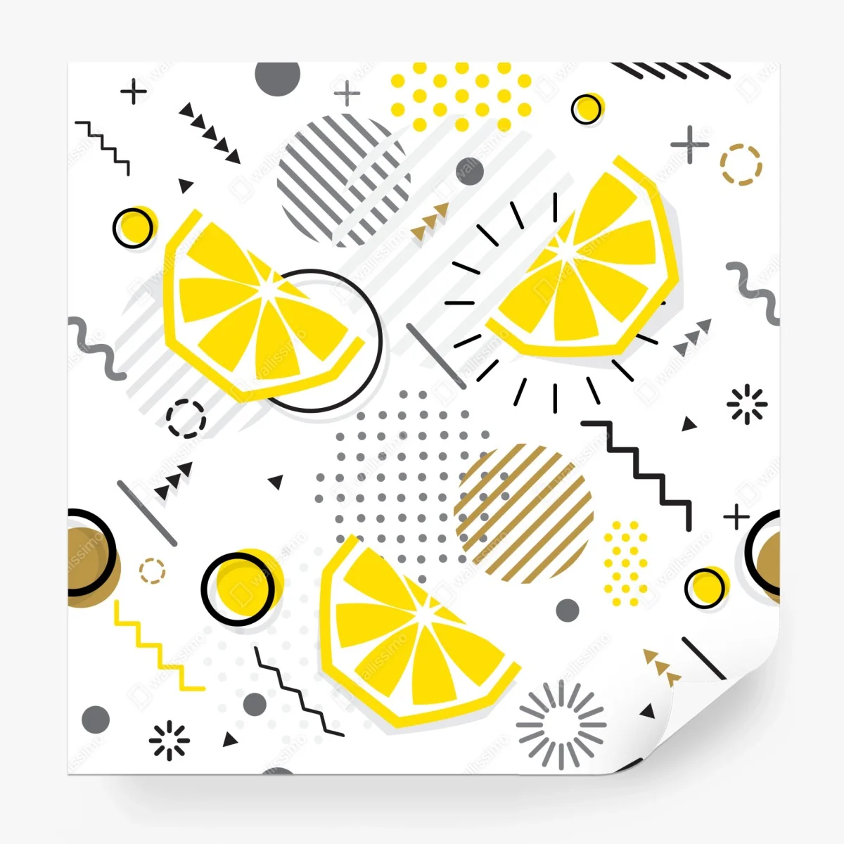 Carta da parati motivo estivo con spicchi di limone e forme geometriche • Wallissimo® Carta da parati motivo estivo con spicchi di limone e forme geometriche • Wallissimo®
